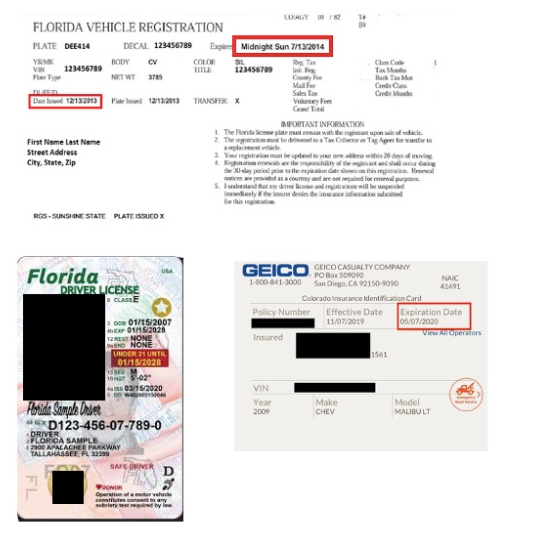 Please take a picture of your primary vehicle registration, car insurance card, and your license as outlined in the sample below.<br />
<br />
Make sure that the insurance and registration are CURRENT and not expired.
